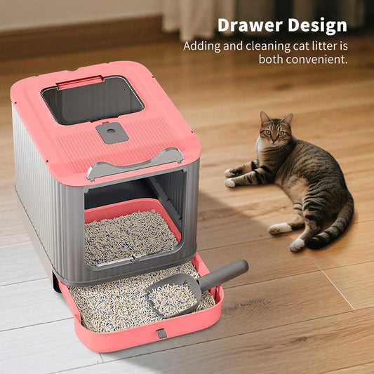 Meow Home 🐱 Foldable Enclosed Cat Litter Box with Lid, Scoop & Odor Control